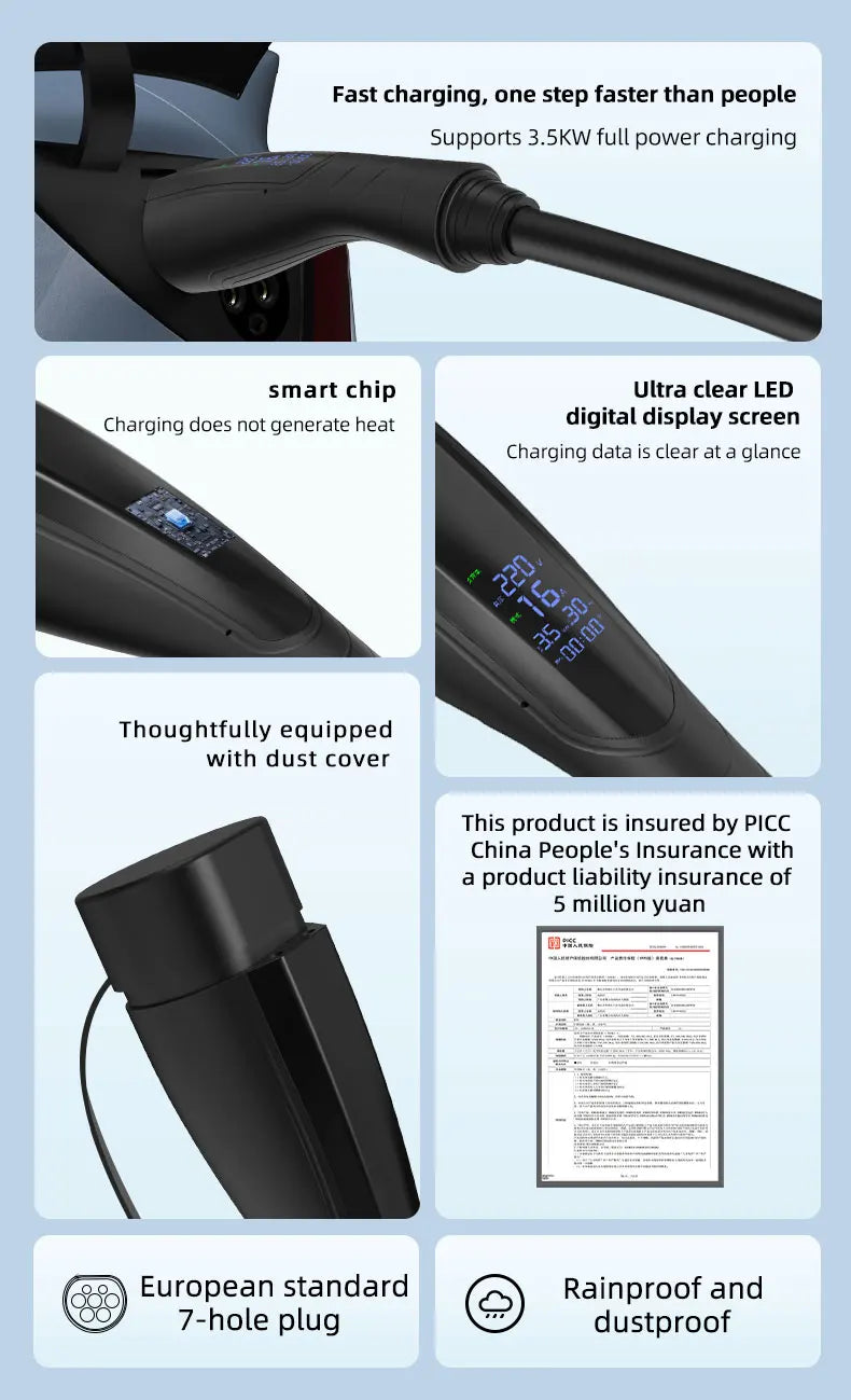 Portable EV Charger Type 2 with EU plug 16A 3.5KW Electric Vehicle Charging Station Wallbox 5M-20M Cable With Digital Display