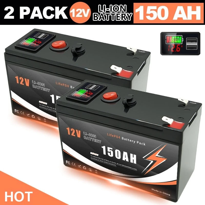 12V 60/80/100/120/150Ah Lithium-ion Battery Pack with LED Display & Dual USB Ports Built-in BMS for Home Energy Storage Battery