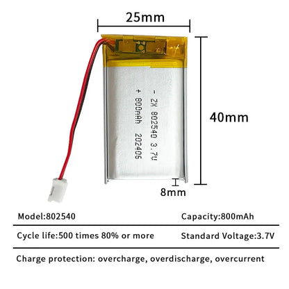 Lithium Battery Li Polymer Batteries 800mAh 3.7V 802540 Lipo 082540 for Flashlight Remote Controller Handheld Fans 1pcs-10PCS
