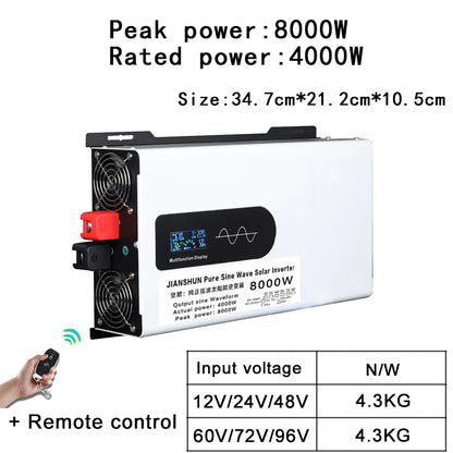 5000W 6KW 8KW 10KW 12000W Pure Sine Wave Inverter 12V/24V/48V/60V/72V/96V Power Inverter 110V 220V Solar Car Inverter Converter