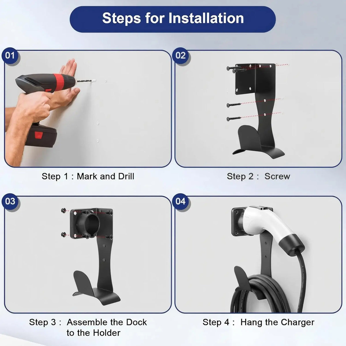 EV Charger – Cable Holder for J1772 | Stainless Steel with Wall Mount Organizer, Electric Vehicle Holder with Secure Fit