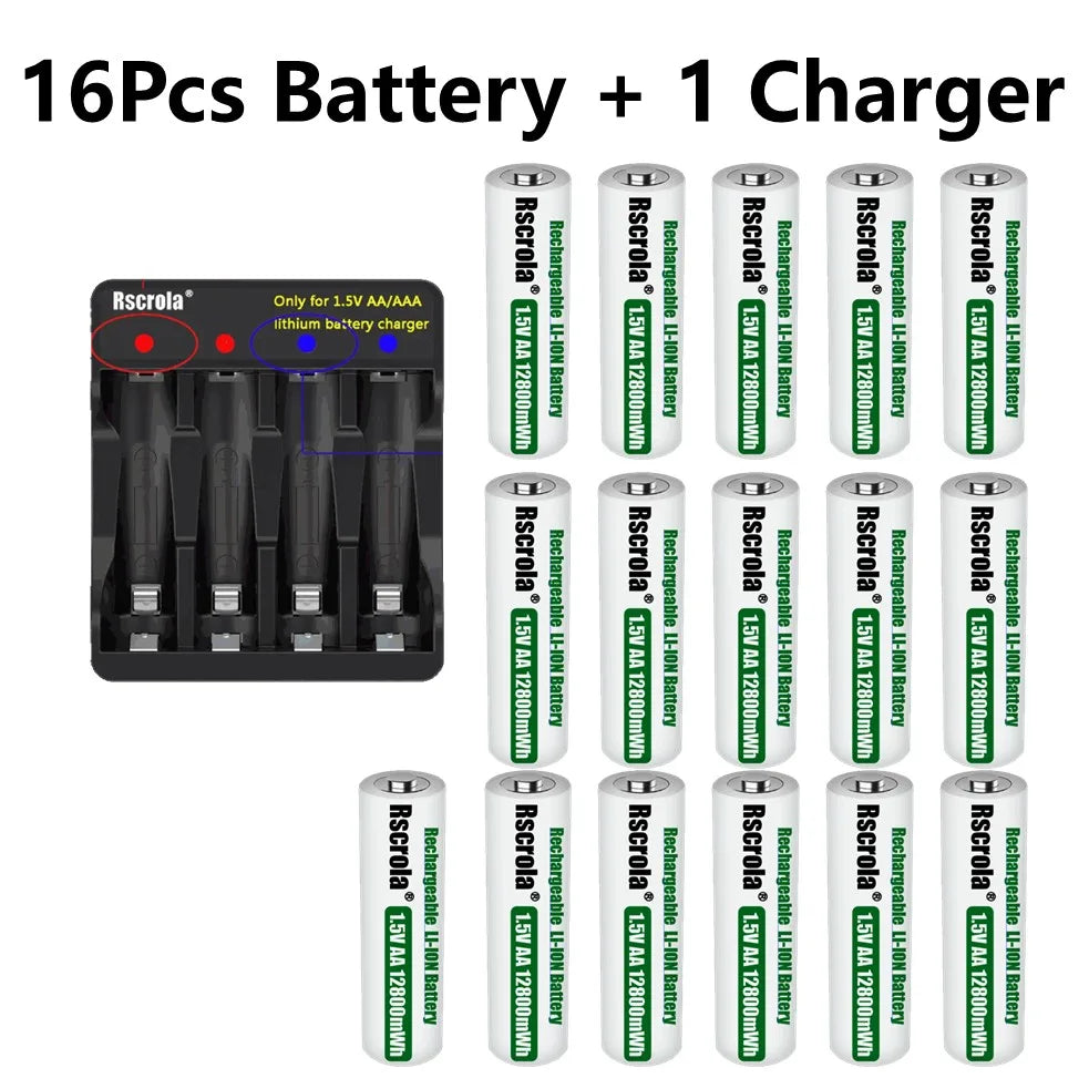 Rechargeable Lithium Battery AA 12800mWh Long-Lasting AA Rechargeable Batteries with Charger for Remote Controller Toys Doorbell