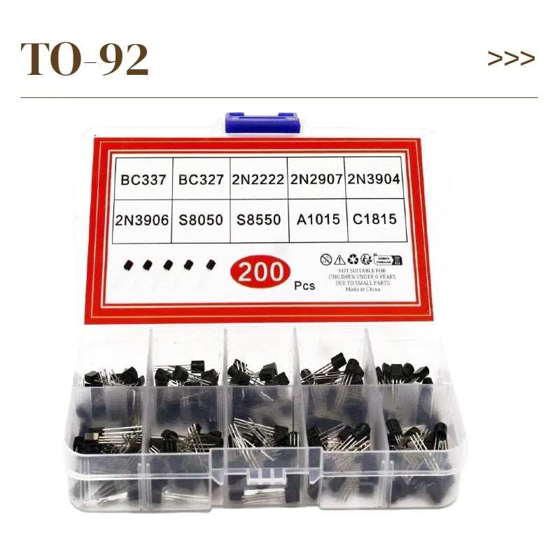 200Pcs Transistor Kit  2N2222 2N2907 2N3904 2N3906 BC327 BC337 S8050 S8550 A1015 C1815 PNP/NPN 10 Values TO-92 Transistors Set