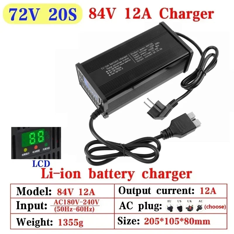 48V 60V 72V 5A 8A 10A 12A 15A 20A Lithium Ion Charger 13S 16S 20S 54.6V 67.2V 84V High-power Intelligent & Display Metal Shell