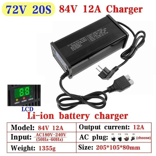 48V 60V 72V 5A 8A 10A 12A 15A 20A Lithium Ion Charger 13S 16S 20S 54.6V 67.2V 84V High-power Intelligent & Display Metal Shell