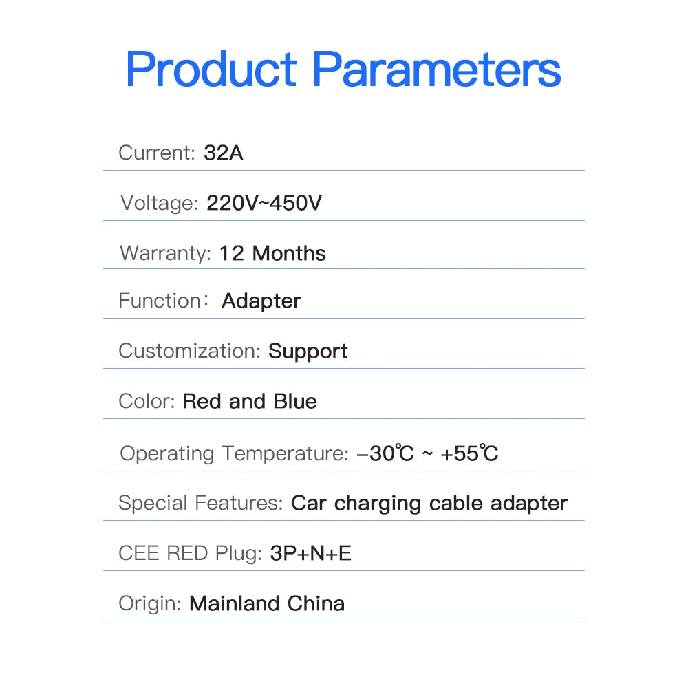 EV Charger Adapter 32A 3Phase Cee Red to 32A 1Phase Cee Blue for 22KW EV Charger Electric Car Charging EVSE