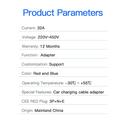 EV Charger Adapter 32A 3Phase Cee Red to 32A 1Phase Cee Blue for 22KW EV Charger Electric Car Charging EVSE