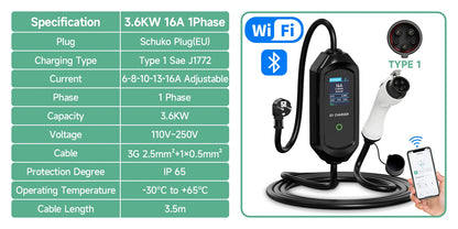 AFYEEV 3600W Portable Type2 IEC62196-2 EV Charger Type1 SAE J1772 Electric Car Charger GBT EVSE Charging Cable Wallbox EU Plug