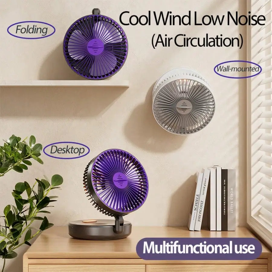 Rechargeable 3-in-1 Foldable Fan, 4-Speed, Warm Nightlight, Wall/Desk Mount, 90° Fold for Home/Office