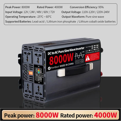 5KW 6KW 8KW Pure Sine Wave Off Grid Inverter DC 12V 24V 48V 60V 72V to AC 220V 240V 5000W 8000W Inverters For Home Car Battery
