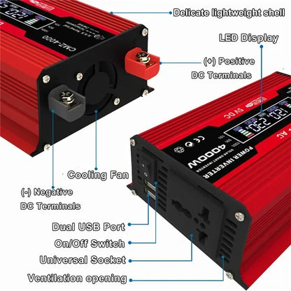 4000W LCD Display Solar Power Inverter 12V to 110V/220V USB Modified Sine Wave Voltage Transformer Car Adapter Charge Converter