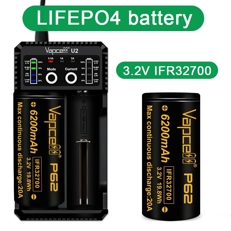 Vapcell 6200mAh P62 IFR32700 Lifepo4 High Power Rechargeable Battery 20A 3C 3.2V Max 40A 32700 Lithium Batteries