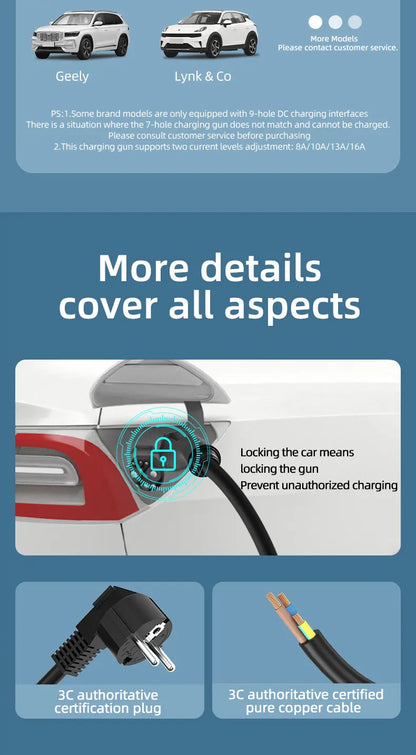 Portable EV Charger Type 2 with EU plug 16A 3.5KW Electric Vehicle Charging Station Wallbox 5M-20M Cable With Digital Display