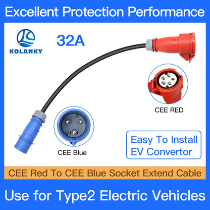 EV Charger Adapter 32A 3Phase Cee Red to 32A 1Phase Cee Blue for 22KW EV Charger Electric Car Charging EVSE