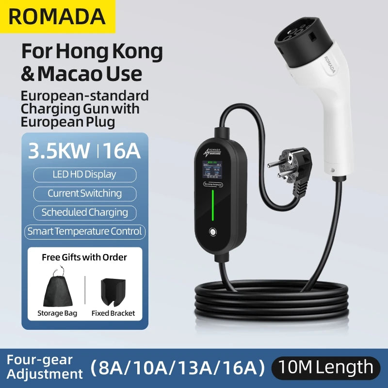 ROMADA 3.5KW 16A Type2 EV Portable Charger Gun 5M 10M Cable EVSE Wallbox Adapter EU Plug Electric Vehicle Home Charging Station