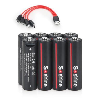 Soshine AA and AAA Li-ion Rechargeable Batteries USB Lithium 1.5V AA 2600mWh 3500mwh 4200mwh +1.5V AAA 600mwh 1100mWh Battery