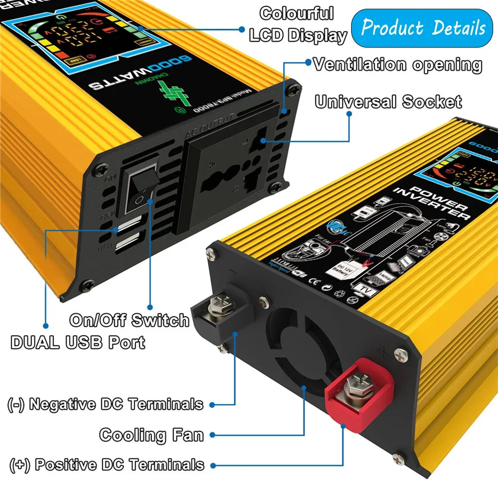 6000W Inverter DC 12V To AC 110V / 220V Vehicle Solar Power Inverter with Dual USB Digital Display for RVs and Small Appliances