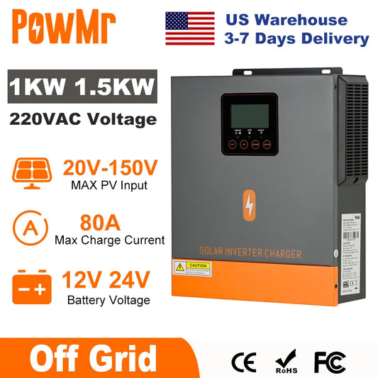 PowMr 1000W 1500W Hybrid Solar Inverter 12V 24V 220V Off Grid Pure Sine Wave Inverter Dual Output with MPPT 80A Solar Charger