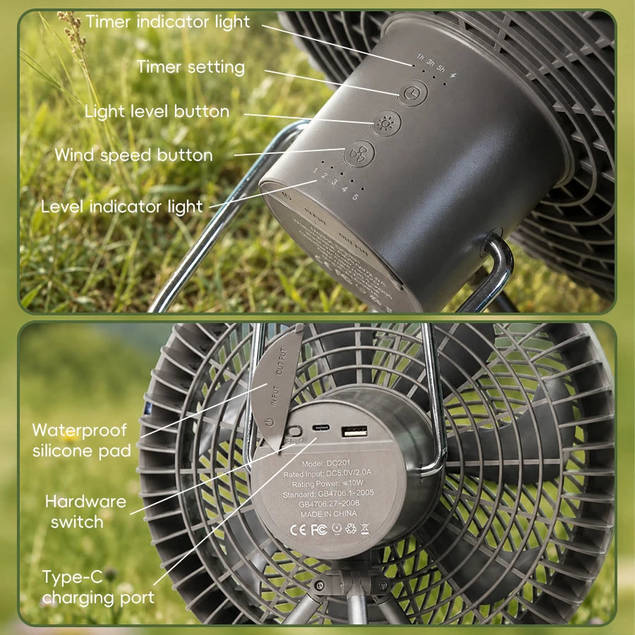 Outdoor Camping Rechargeable Fan Wireless Ceiling Electric Fan LED Light 10000mAh Emergency Charging Desktop Portable Fan Tripod