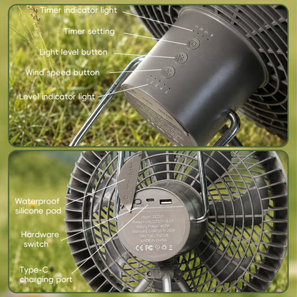 Outdoor Camping Rechargeable Fan Wireless Ceiling Electric Fan LED Light 10000mAh Emergency Charging Desktop Portable Fan Tripod