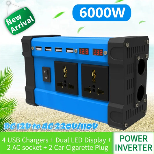 6000W Solar Inverter DC 12V to AC 110V 220V 4 USB LCD Display Solar Inverter Portable Mobile Power Camping RV Car Converter