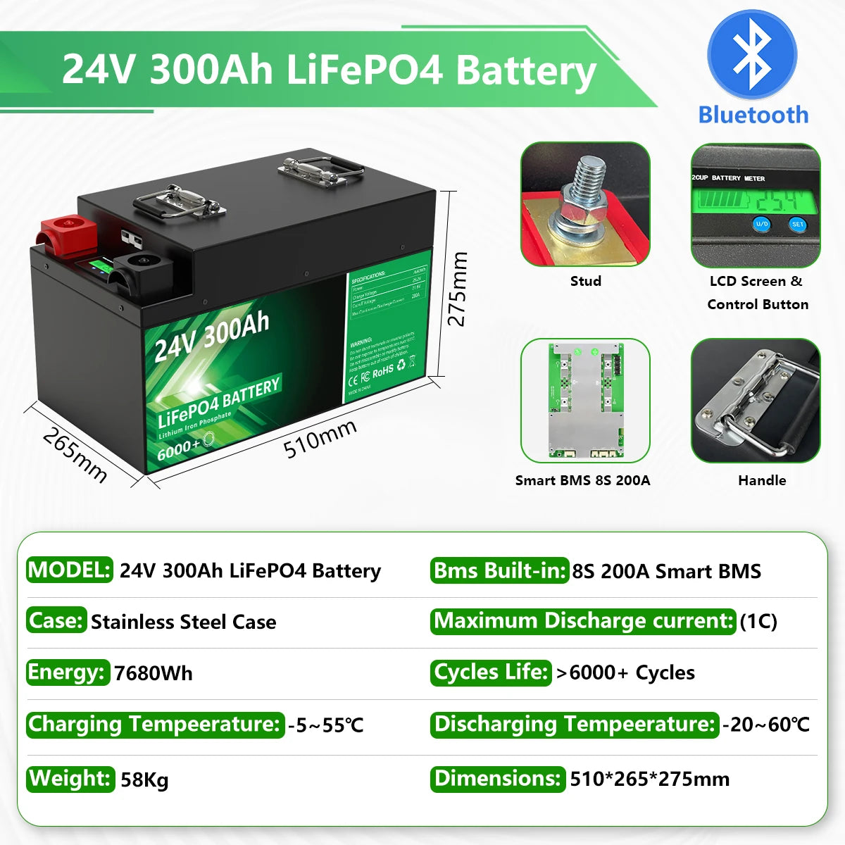 24V 200Ah LiFePO4 Battery 5.12kWh Bluetooth 8S 200A BMS 6000 Cycles 100Ah 300Ah 12V Lithium Battery for Marine RV Solar Off-Grid