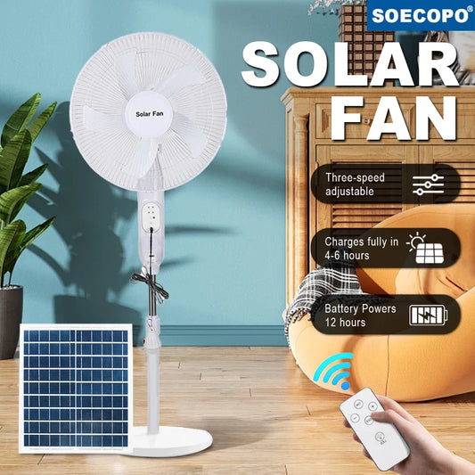 Solar Floor Fan Rechargeable Fan 25W Panel 5H Charges 12H Runtime Remote Control & LED Display Emergency Fan for Power Outage