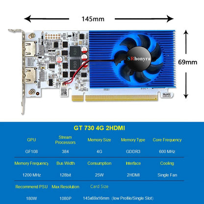 SRhonyra GT730 4GB Low Profile Graphics Card GDDR3 PCIe 2.0 x16 2 HDMI 1080P Mini ITX SFF Desktop PC
