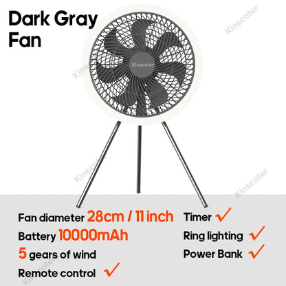 Outdoor Camping Rechargeable Fan Wireless Ceiling Electric Fan LED Light 10000mAh Emergency Charging Desktop Portable Fan Tripod