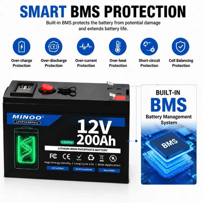 12 V 200Ah LiFePO4 Battery Lithium Iron Phosphate Rechargeable Battery With BMS 6000+ Cycles For Solar RV Marine Energy Storage