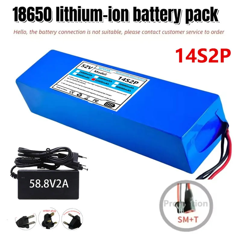 Batterie Li-ion 52V 5200mAH Avec BMS, 14S2P, Batterie 1500W Intégrée Pour Vélos, Scooters, Motos + Chargeur 58,8V2A