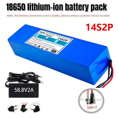 Batterie Li-ion 52V 5200mAH Avec BMS, 14S2P, Batterie 1500W Intégrée Pour Vélos, Scooters, Motos + Chargeur 58,8V2A