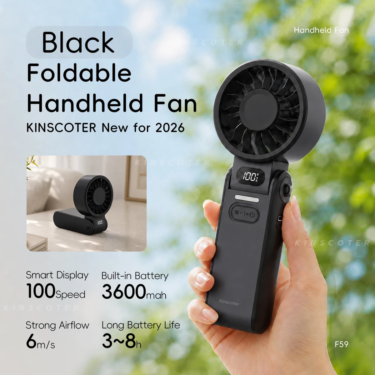 New Portable Handheld Fan 3600mAh USB Foldable Rechargeable Fan 100 Speed Adjustable Outdoor Cooling Fan W/ LED Digital Display