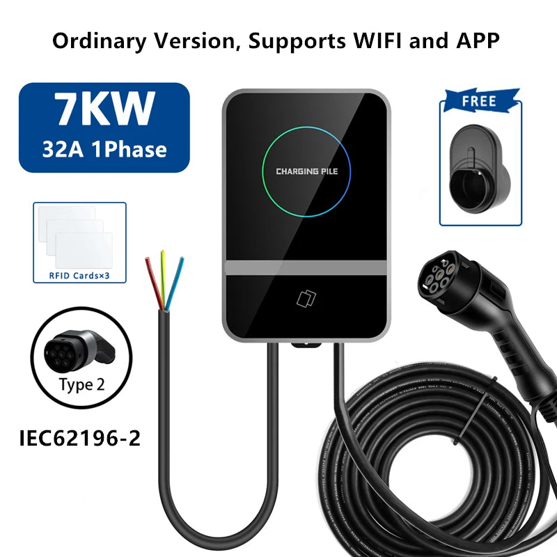 EV Charging Station IEC62196 J1772 Electric Vehicle Charger EVSE Wallbox Wallmount 7KW 22KW Type2 Type1 GBT Cable APP Cards