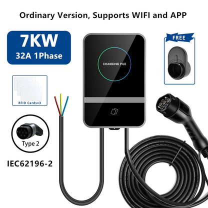 EV Charging Station IEC62196 J1772 Electric Vehicle Charger EVSE Wallbox Wallmount 7KW 22KW Type2 Type1 GBT Cable APP Cards