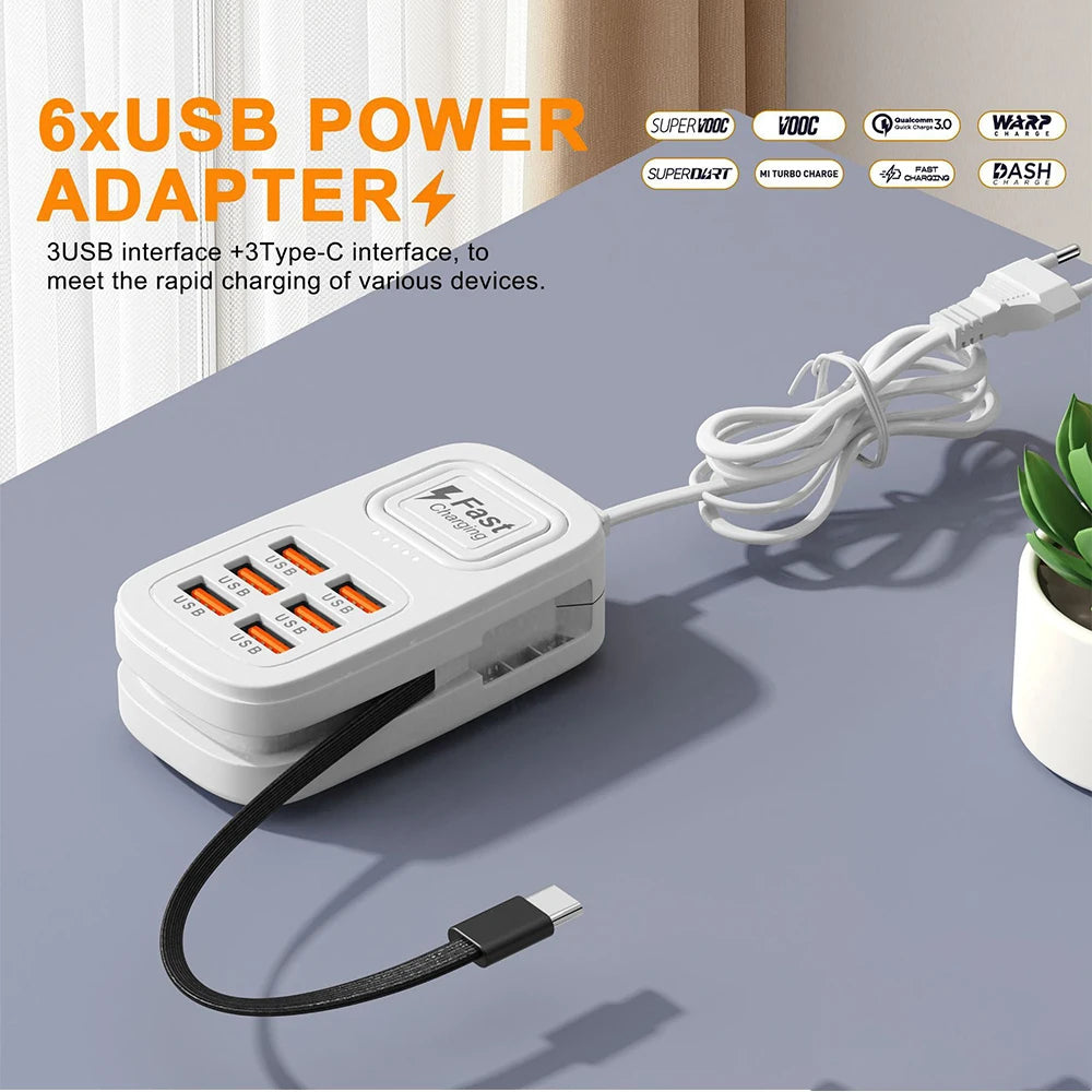6 Ports USB Fast Charger Power Strip Desktop Charging Station Fast Charging EU/UK/US Plug USB HUB Adapter Socket 3Type C 3USB