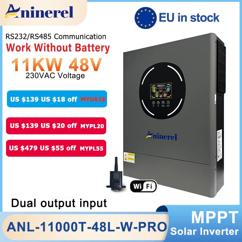 Aninerel 11KW 6.2 KW48V Hybrid Solar Inverter Dual Output Dual input Solar controller Color LCD Display MPPT 160A 120A PV 500VDC