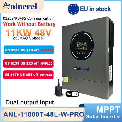 Aninerel 11KW 6.2 KW48V Hybrid Solar Inverter Dual Output Dual input Solar controller Color LCD Display MPPT 160A 120A PV 500VDC