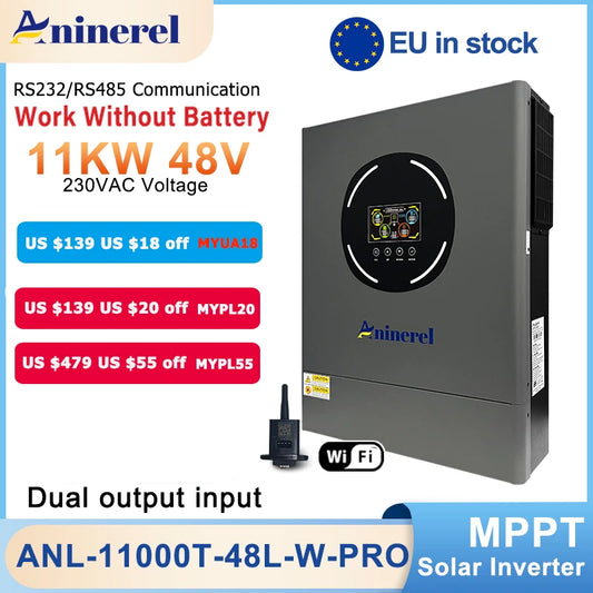 Aninerel 11KW 6.2 KW48V Hybrid Solar Inverter Dual Output Dual input Solar controller Color LCD Display MPPT 160A 120A PV 500VDC