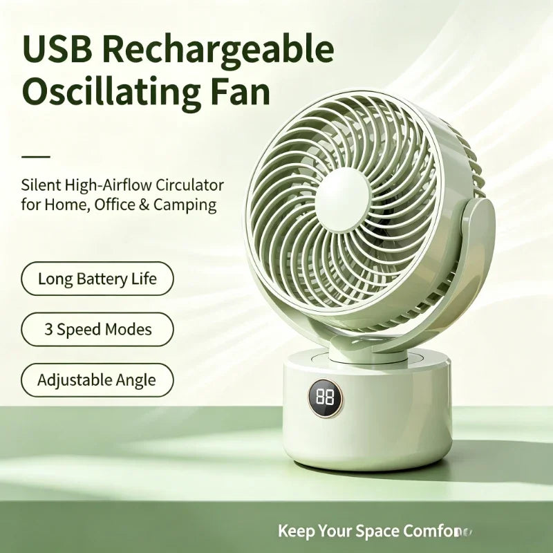USB Rechargeable Silent Oscillating Fan with Long Battery Life High Airflow Outdoor Camping Circulator for Home Office Use