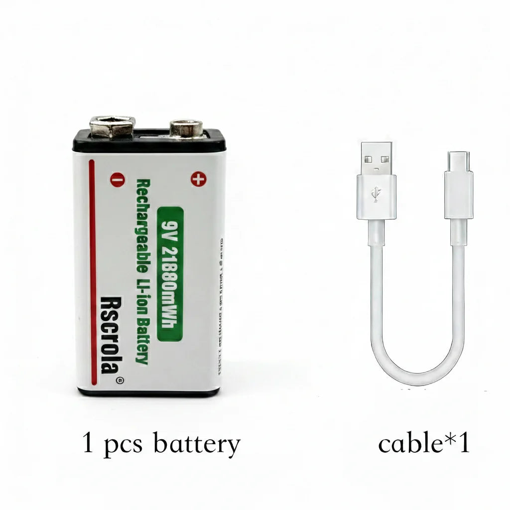 Rechargeable Li-ion High Capacity Battery, 1200+ Cycles, Constant Output for 9V Devices