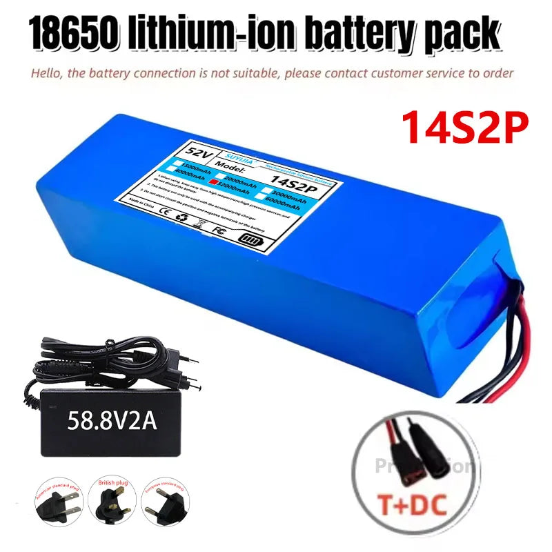 Batterie Li-ion 52V 5200mAH Avec BMS, 14S2P, Batterie 1500W Intégrée Pour Vélos, Scooters, Motos + Chargeur 58,8V2A