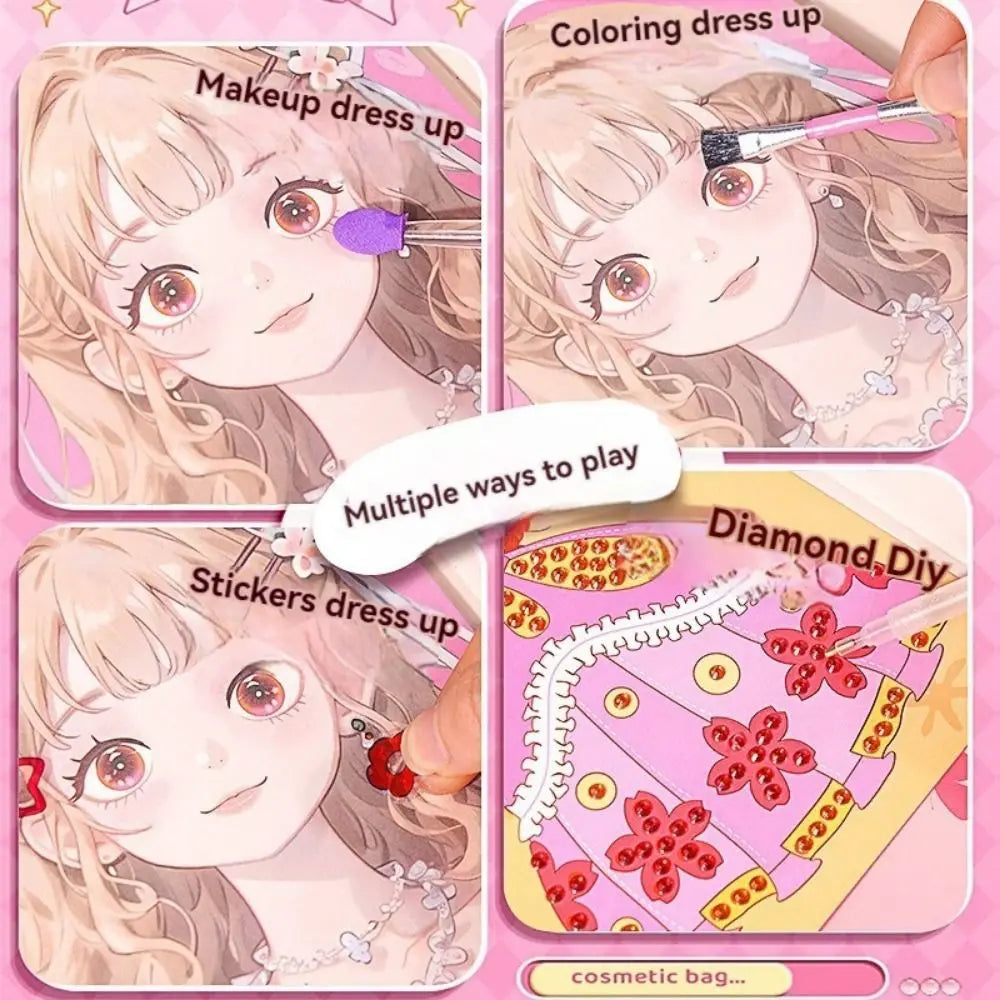 New 3 in 1 DIY Princess Makeup Set Diamond Sticker Princess Dress Up Book Gifts Paper Art Craft Kits Children