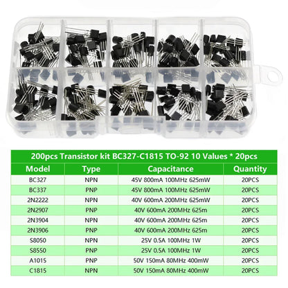 200Pcs Transistor Kit BC327 BC337 2N2222 2N2907 2N3904 2N3906 S8050 S8550 A1015 C1815 PNP/NPN 10 Values TO-92 Transistors Set