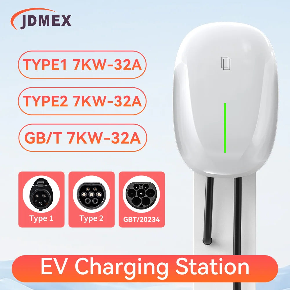 JDMEX 7KW EV Charger Station 32A 1Phase Type1 / GBT Electric Vehicle Car Charger EVSE Wallbox Wallmount 7KW 5M Cable SAE J1772