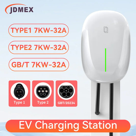 JDMEX 7KW EV Charger Station 32A 1Phase Type1 / GBT Electric Vehicle Car Charger EVSE Wallbox Wallmount 7KW 5M Cable SAE J1772