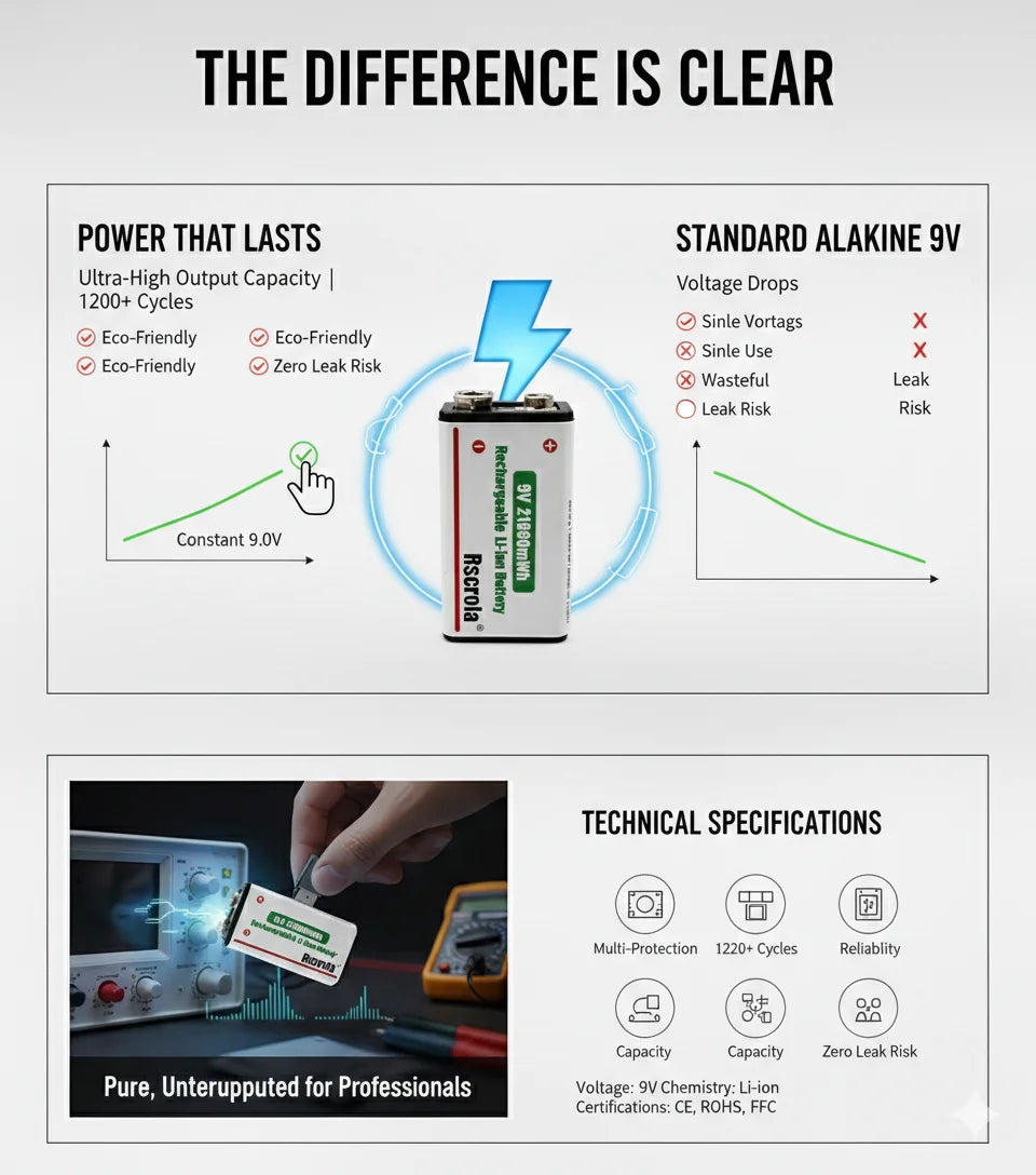 Rechargeable Li-ion High Capacity Battery, 1200+ Cycles, Constant Output for 9V Devices