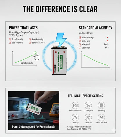 Rechargeable Li-ion High Capacity Battery, 1200+ Cycles, Constant Output for 9V Devices