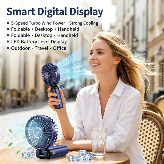 5000mAh Portable Handheld Mini Fan, Foldable, Can Be Hung on the Desk or Outdoors, Can Be Charged via USB, Equipped with LED Dig