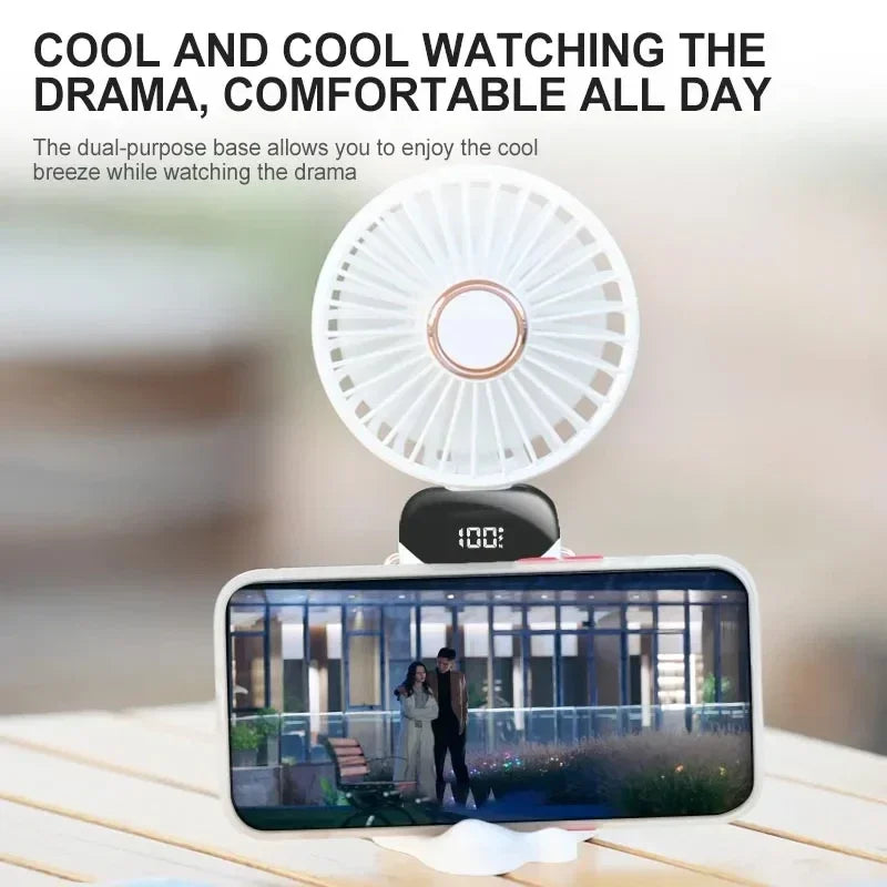 Rechargeable Personal Fan with Digital Display, Foldable Neck or Desk Design, 5-Speed Airflow and Phone Stand for Summer